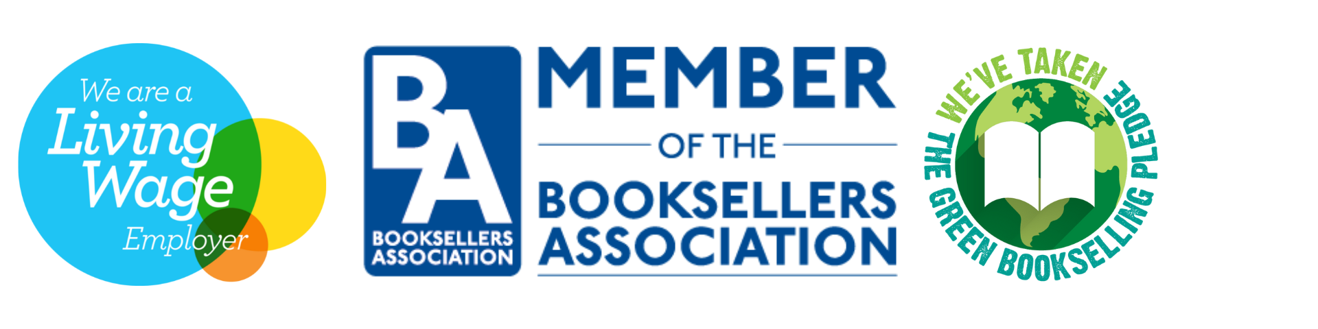 Logos that state we are a Real Living Wage Employer, a member of the Booksellers Association, and we have taken the sustainable bookselling pledge