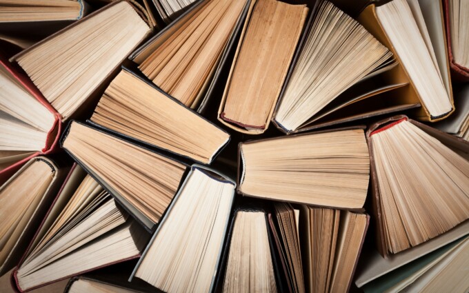book spines arranged in a group